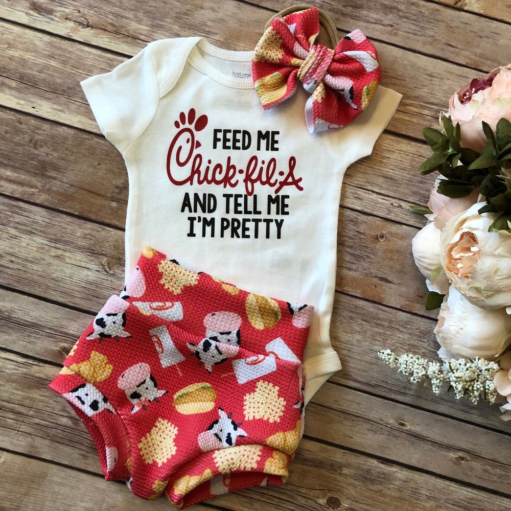 Chick-fil-a outfit Bummies with matching bow
